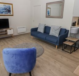 A living room with a blue sofa two pillows a blue armchair a round gray rug a TV on a wooden stand a side table with a lamp and a large mirror on the wall at 21 Coedrath Park in Saundersfoot