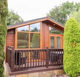 A wooden cabin with large windows and a small deck surrounded by trees at Oak Lodge in Glasshouse