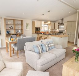 An open plan living room and kitchen with sofas dining table bookshelf and flowers on a table at Seagull Lodge in Runswick Bay