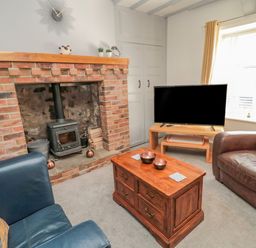 A living room with a brick fireplace a wood stove a wooden coffee table two armchairs a television on a stand and a window at Woolley Lodge in Wooler