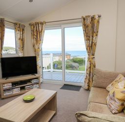 A living room with a sofa coffee table and television with DVDs at The Potting Shed in New Quay