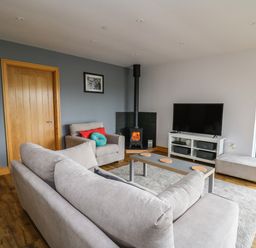 A living room with sofas a coffee table a wood stove and a television at Llyn Cae Ty Nant Fishery Holiday Let in Bwlchllan near Llangeitho