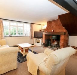 A living room with sofas a wooden coffee table a brick fireplace and a television at Phloxhaven in Reedham