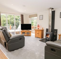 A living room with leather sofas a wood burning stove a television and sliding glass doors at Robin Lodge in Cartmel