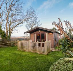 A small wooden cabin with a fenced deck in a grassy garden with trees and shrubs at Holly Lodge in Liverton