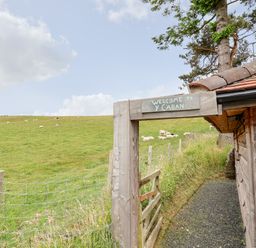 A wooden entrance gate with a sign that says Welcome to Y Caban next to a wooden building and a fenced grass field with sheep at Y Caban in Pontfadog near Llangollen