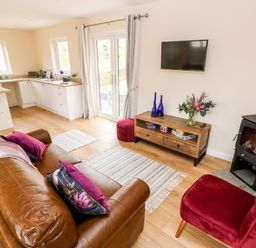 A living room with a brown leather sofa red chair wooden TV stand and kitchen area at Caldey Lodge Bier Wood Lodges in Manorbier