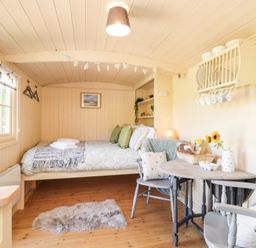 A small room with a bed, two chairs, a small table with a basket of food, and a wall-mounted plate rack at The Shepherds Hut at Marley in Marley near Barham Kent