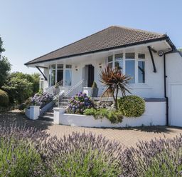 A white bungalow with a tiled roof and a front garden with lavender and other plants at Robin Hill in Duporth near St Austell