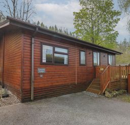 A wooden lodge with steps leading to the door surrounded by trees at Lavender Lodge Applethwaite 4 Limefitt Park near Windermere
