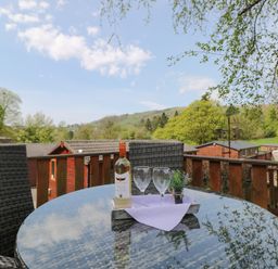 An outdoor patio table with a bottle of wine two wine glasses and a small plant with trees and rooftops in the background at Lavender Lodge Applethwaite 4 Limefitt Park near Windermere