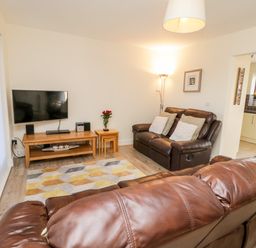 A living room with two leather sofas a TV on a wooden stand and a patterned rug at Esk View in Whitby