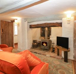 A living room with an orange sofa a wood burning stove and a television at The Hideaway at Burrow Hill in Ottery St Mary