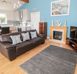 A living room with a brown leather sofa, blue cushions, a fireplace, a TV on a wooden stand and an open kitchen area at Sea View Lodge in Eastfield Hall near Warkworth
