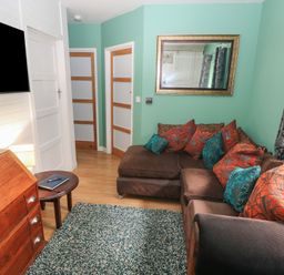 A living room with a couch and television at Llys-Yr-Onnen in Carmarthen