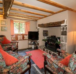 A sitting room with floral armchairs a wood stove on a stone hearth a television and bookshelf at Bell Buoy Cottage Morwenstow