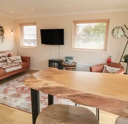 A living room with a brown sofa a wooden table a wall-mounted television and a clock at 3 Valley View Lodges Nawton near Helmsley