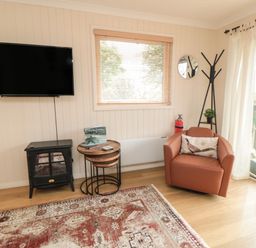 A living room with a wall-mounted TV a black stove a set of nesting tables an orange armchair a coat rack and a window with blinds at 3 Valley View Lodges Nawton near Helmsley
