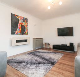A living room with two gray sofas a colorful giraffe painting a wall mounted TV and a patterned rug at Summerhayes in Park Bottom