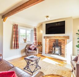A living room with a fireplace a television armchairs and a window with plaid curtains at The Croft in Thompson near Watton