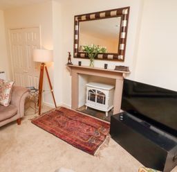 A living room with a sofa, floor lamp, rug, electric stove in fireplace, mirror, and television at Beals Yard in Alnwick