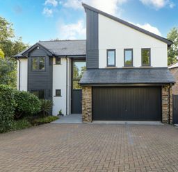 A modern two-story house with a large garage door and driveway surrounded by greenery at Iroko in Millbrook