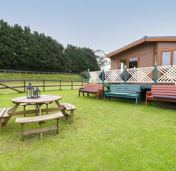 An outdoor seating area with wooden benches and a picnic table on grass near a cabin with a fenced yard at Hill View Lilac Lodge in Wareham