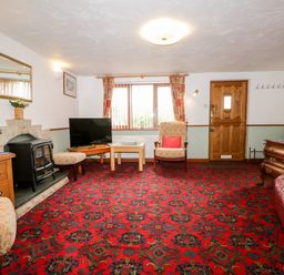 A living room with a red patterned carpet a wood burning stove chairs a television and a wooden door at Rose Cottage in Burneside