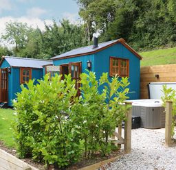 A blue garden shed with wooden trim near a hot tub and green shrubs at Little Silver Pheasant in High Bickington