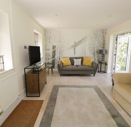 A living room with two sofas a television on a stand and a wall mural at Garden Cottage in Upton Upon Severn