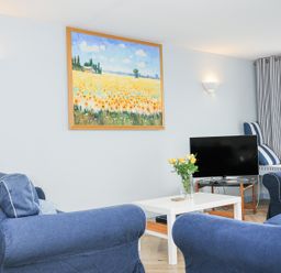 A living room with blue sofas a white coffee table a TV a painting of a field and flowers at Slipway 16 in Rock