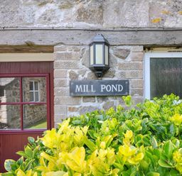 Exterior view of a building with a door and sign at Mill Pond in Rock