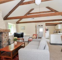 A living room with a fireplace and a television at Mill Pond in Rock