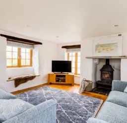 A living room with two sofas a television on a wooden stand a fireplace and two windows at Dingles Cottage in Rock