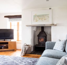 A living room with a wood burning stove a television on a wooden stand a basket with a blanket and a blue sofa at Dingles Cottage in Rock