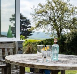 An outdoor wooden table with two glasses a bottle and a bowl of fruit in a garden at Corriana in Rock