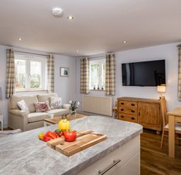 A living room with a sofa and cushions a wooden cabinet under a wall-mounted television and a table with chairs at The Hideaway in Port Isaac