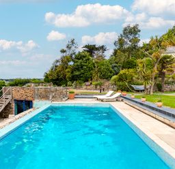 An outdoor swimming pool with two lounge chairs potted plants and trees in a garden at Camel Point in Rock