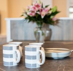 Four striped mugs and a stack of plates with cutlery on a kitchen counter with a flower vase in the background at Brookside in Polzeath