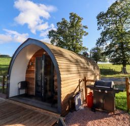 A wooden pod with a small porch and a barbecue grill outside in a grassy area at Goose Pod Near Clifton Upon Teme