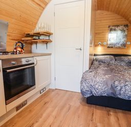 A small room with a kitchen area featuring an oven and stove and a bed with patterned bedding at Gander Pod Near Clifton Upon Teme
