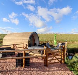A small wooden pod with outdoor seating and a fenced area in a grassy field at Gander Pod Near Clifton Upon Teme