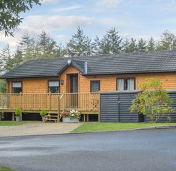 A wooden cabin with a railing porch and plants outside surrounded by trees at Oaks One Swarland near Felton