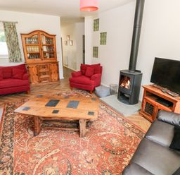 A living room with red sofas a wooden coffee table a fireplace and a television at 1 The Warren Robeston Wathen near Narberth