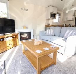 A living room with a gray sofa and wooden coffee table next to a wooden TV stand with a television and a white fireplace at Hawthorn Lodge in South Lakeland Leisure Village
