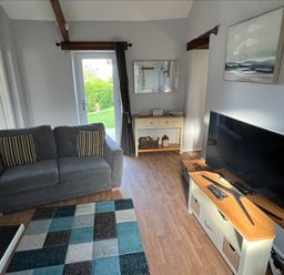 A living room with a grey sofa and striped cushions a TV on a stand a patterned rug and a console table with a mirror at Beech Cottage in Combe Martin