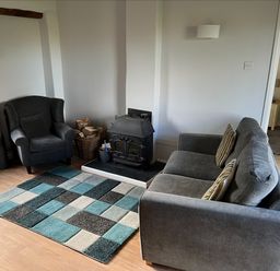 A living room with a gray sofa and armchair a wood stove and a multicolored rug at Beech Cottage in Combe Martin
