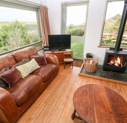 A living room with a brown leather sofa a television a wood stove and a wooden coffee table at Porth Farm Annexe in Mawgan Porth