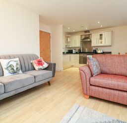 A living area with two sofas and an open kitchen with appliances and cabinets at 1 Tregonwell Court in Minehead
