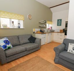 A living room with sofas and a small kitchen area with counters and appliances at Carreg Cennen Cottage in Llandeilo
